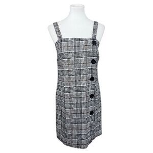 Vintage Brandy Blue Plaid Pinafore Dress Made in USA Black White Button Front